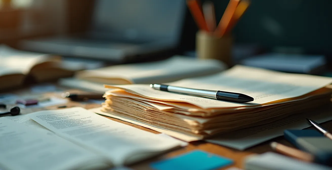 Détail macro d'un bureau encombré avec papiers et outils