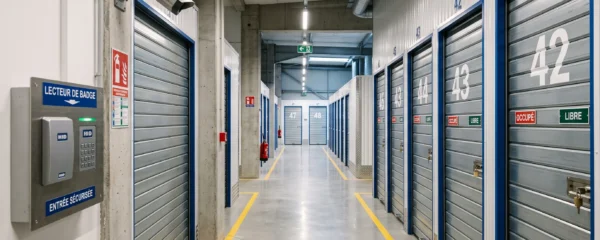 Allée centrale d'un garde-meuble professionnel moderne avec boxes métalliques numérotés alignés de chaque côté, système de contrôle d'accès et caméra de surveillance visibles au premier plan, éclairage LED et sol en béton marqué.