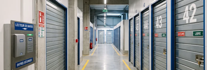 Allée centrale d'un garde-meuble professionnel moderne avec boxes métalliques numérotés alignés de chaque côté, système de contrôle d'accès et caméra de surveillance visibles au premier plan, éclairage LED et sol en béton marqué.
