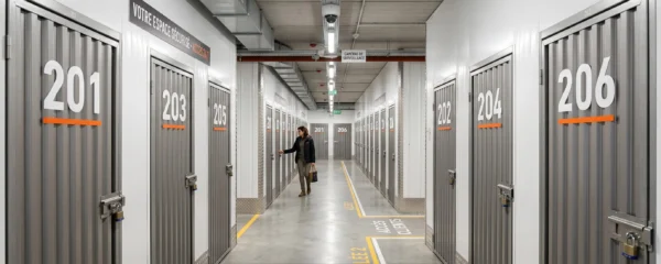 Allée intérieure d'un centre de self-stockage moderne avec boxes métalliques individuels sécurisés, caméra de surveillance visible et signalétique numérotée claire