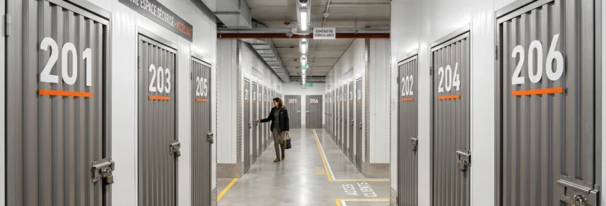 Allée intérieure d'un centre de self-stockage moderne avec boxes métalliques individuels sécurisés, caméra de surveillance visible et signalétique numérotée claire