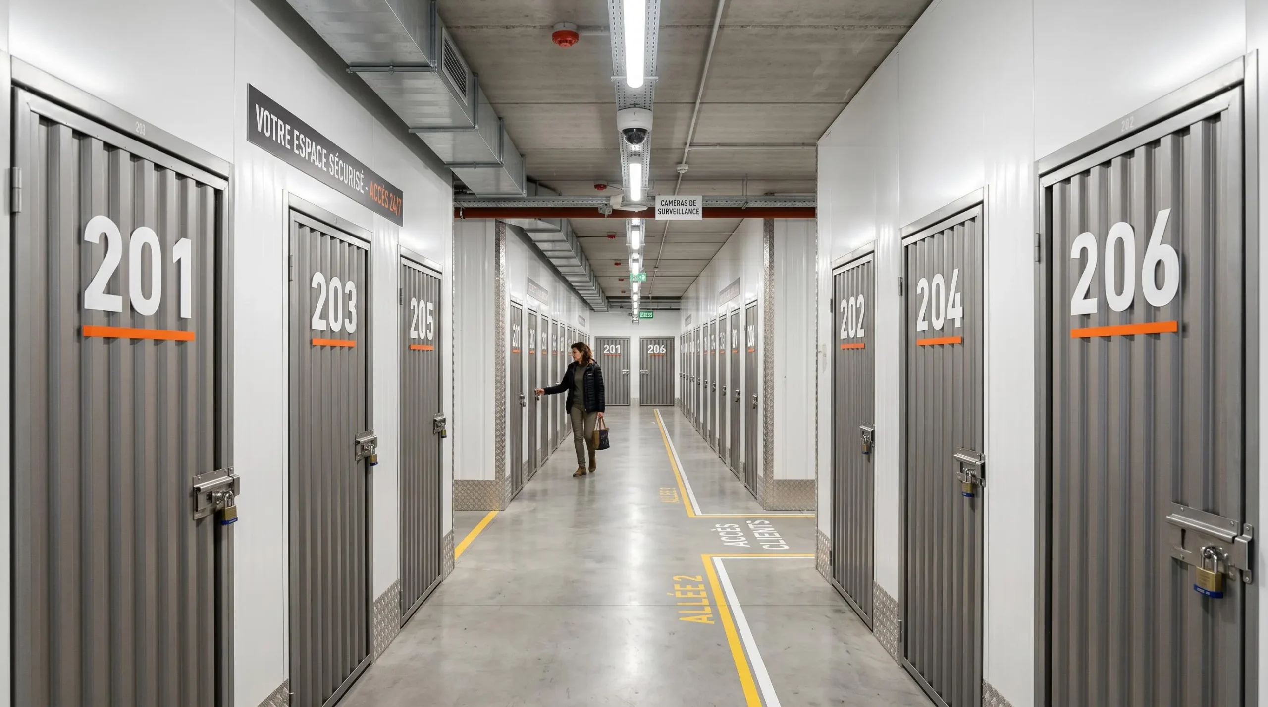 Allée intérieure d'un centre de self-stockage moderne avec boxes métalliques individuels sécurisés, caméra de surveillance visible et signalétique numérotée claire