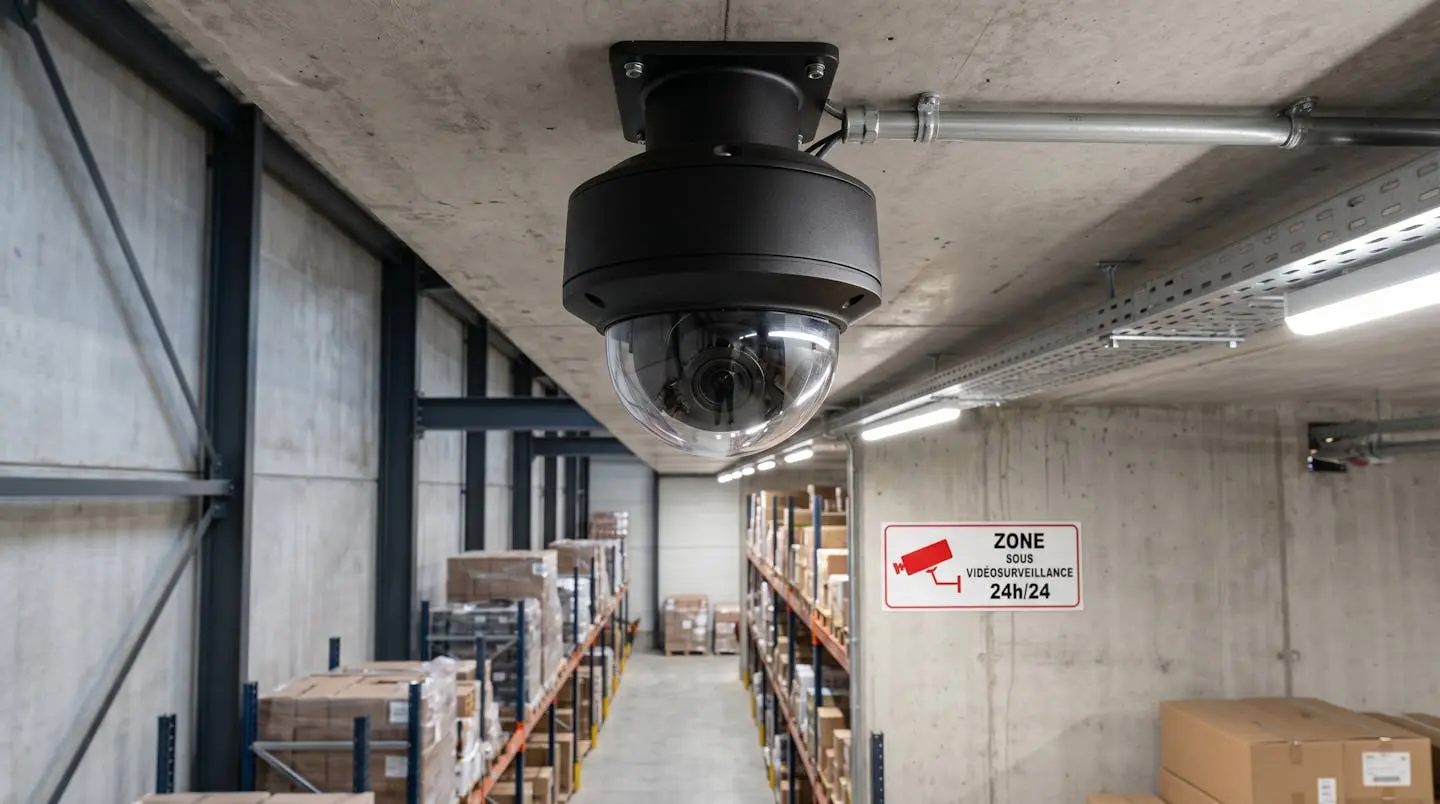 Caméra dôme de vidéosurveillance professionnelle fixée au plafond d'un garde-meuble, avec panneau réglementaire français 'Zone sous vidéosurveillance 24h/24' visible en arrière-plan.