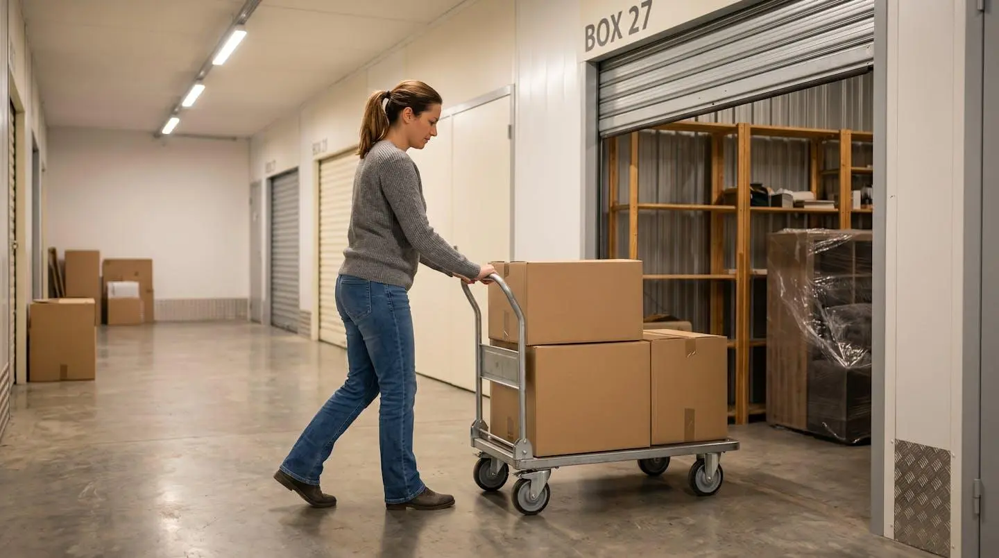 Femme d'environ 35-40 ans poussant un chariot de manutention chargé de cartons devant son box de stockage ouvert dans un garde-meuble professionnel éclairé, portail métallique relevé laissant voir l'intérieur organisé.
