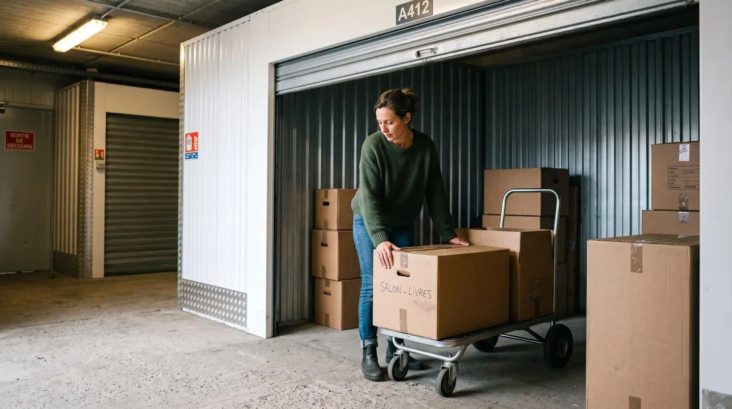 Femme déposant un carton sur un chariot de manutention à l'intérieur d'un box de self-stockage ouvert, avec plusieurs cartons déjà empilés en arrière-plan