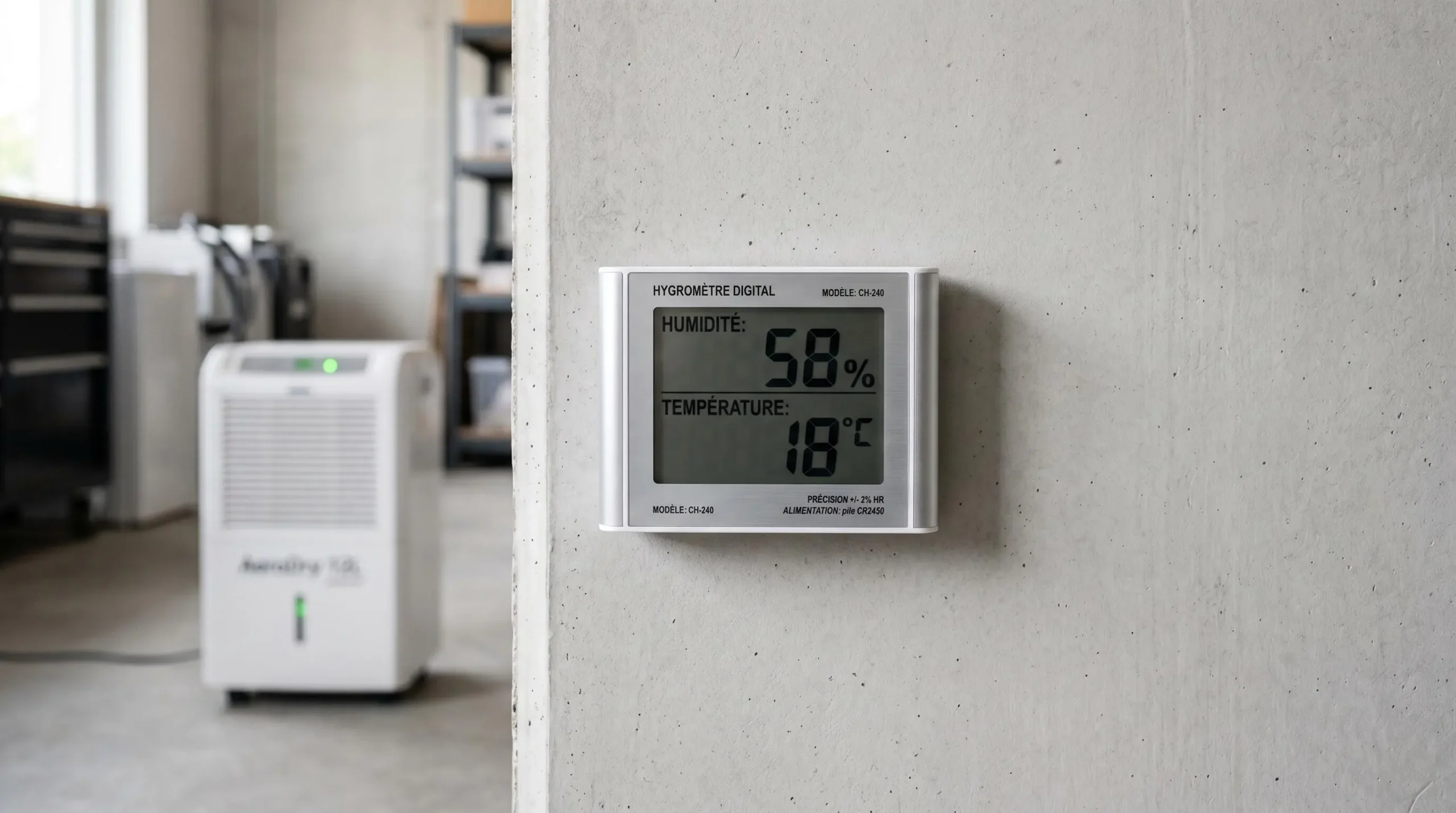 Hygromètre numérique fixé au mur d'un box de stockage affichant 58% d'humidité et 18°C, avec déshumidificateur professionnel en arrière-plan.