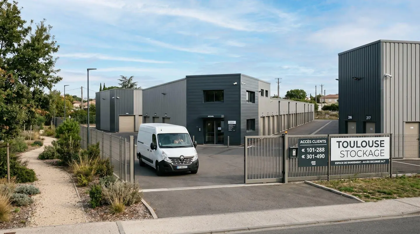 Vue extérieure d'un centre de self-stockage moderne en périphérie toulousaine avec portail sécurisé, accès véhicule et bâtiments métalliques fonctionnels