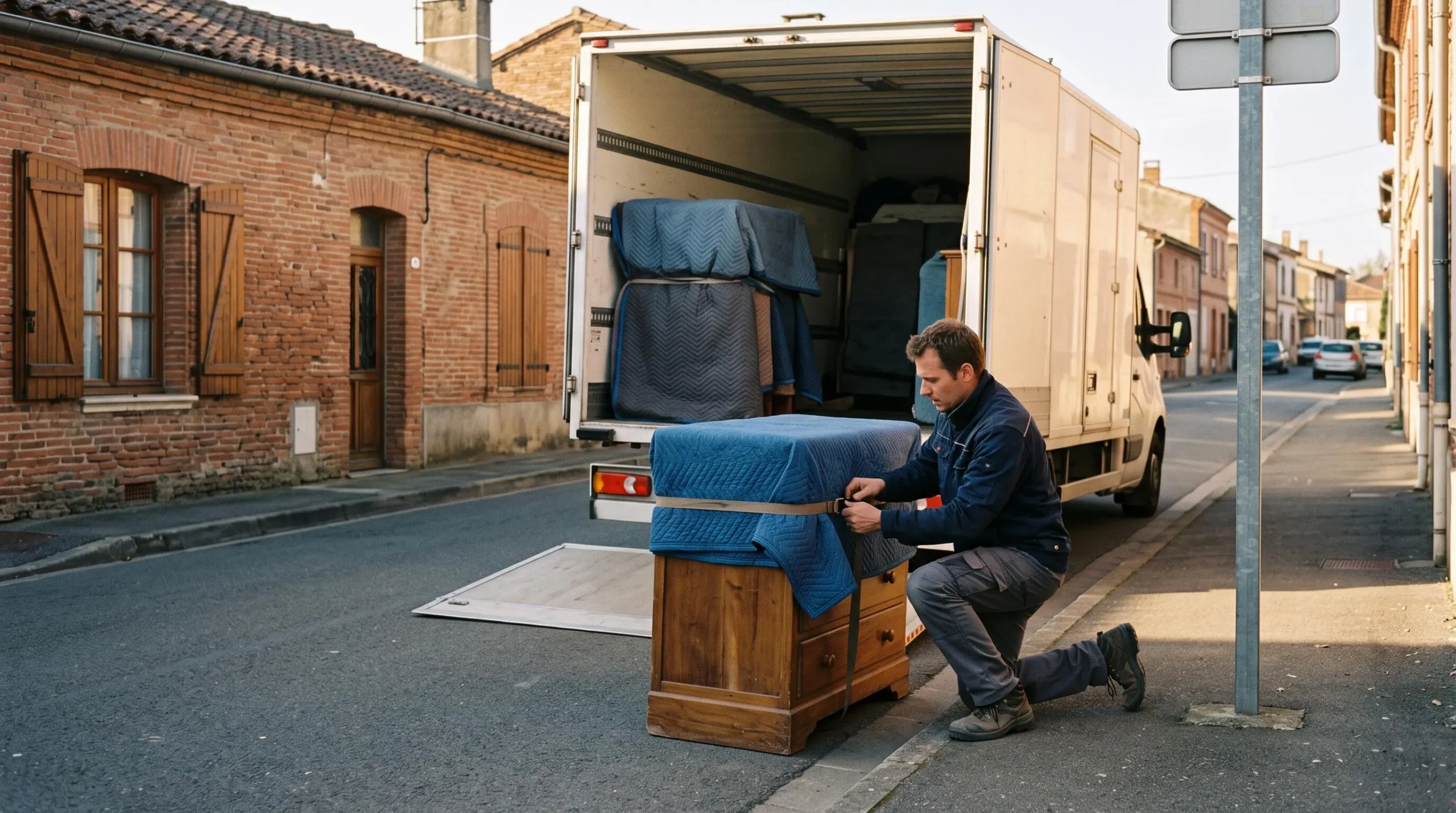 Un déménageur protège une commode en bois avec une couverture devant un camion stationné dans une rue de petite ville.