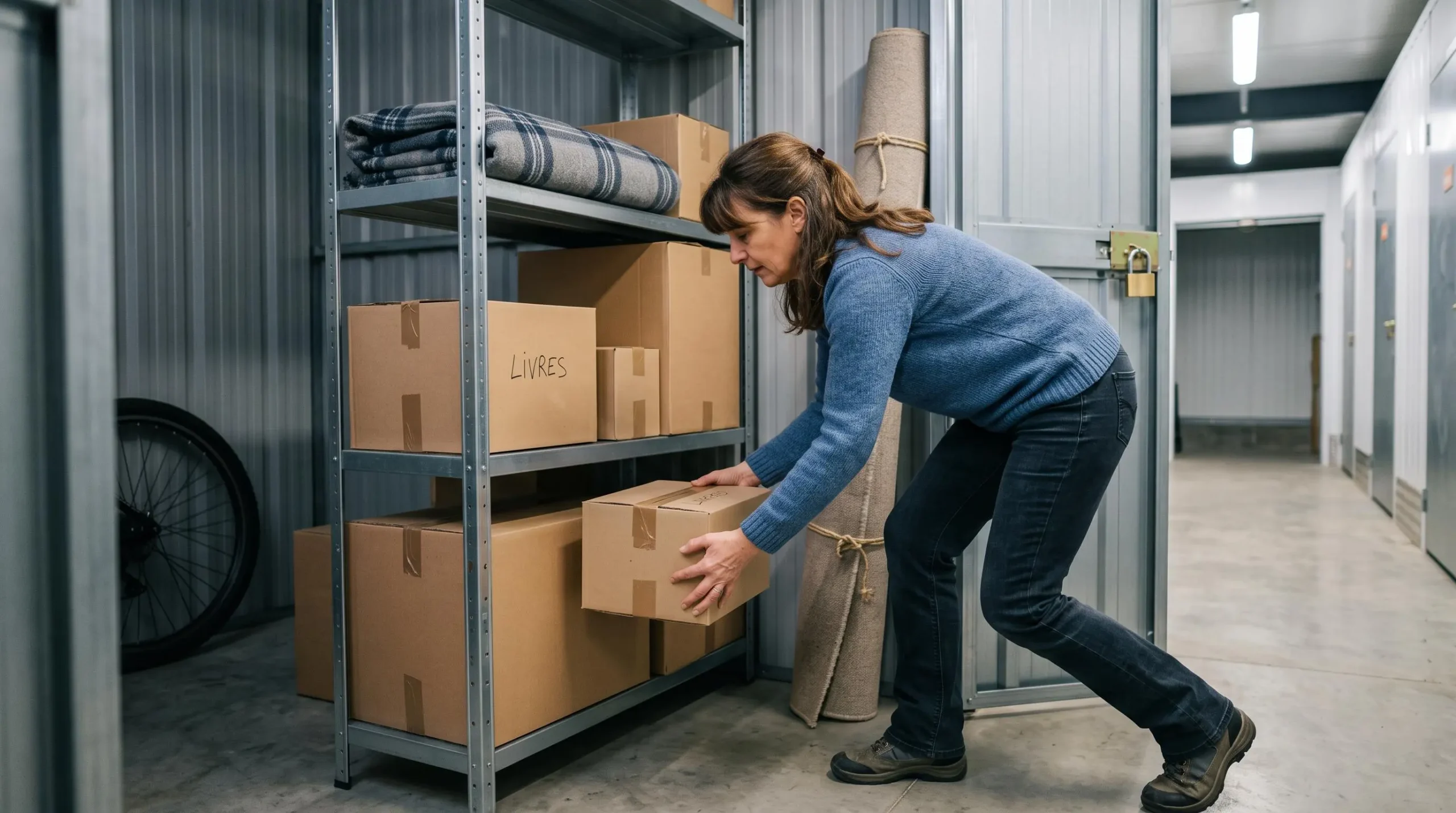 Une femme range un carton de déménagement sur une étagère métallique dans un box de garde-meuble.